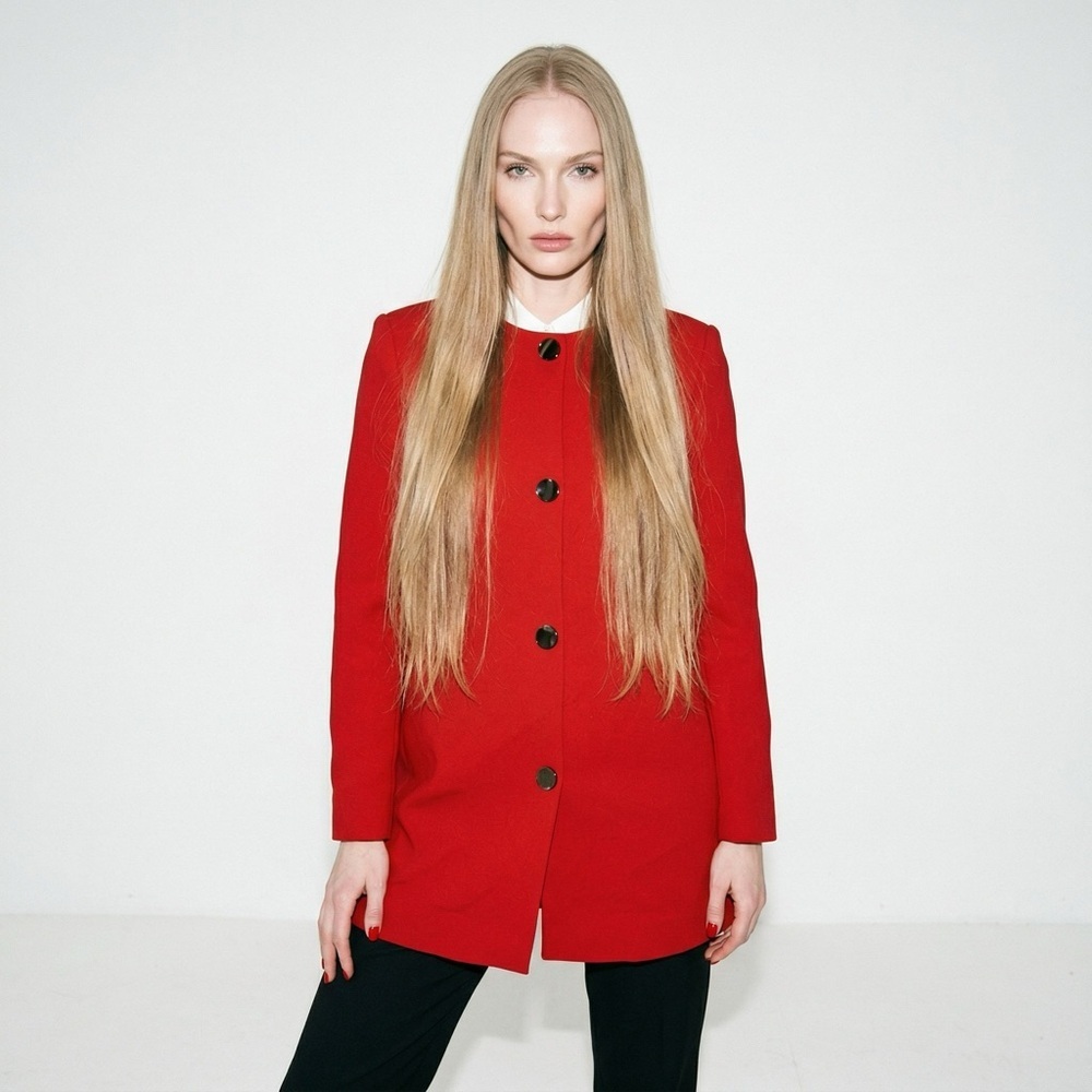 ZARA Red Collarless Long Jacket Blazer Women's Size Small